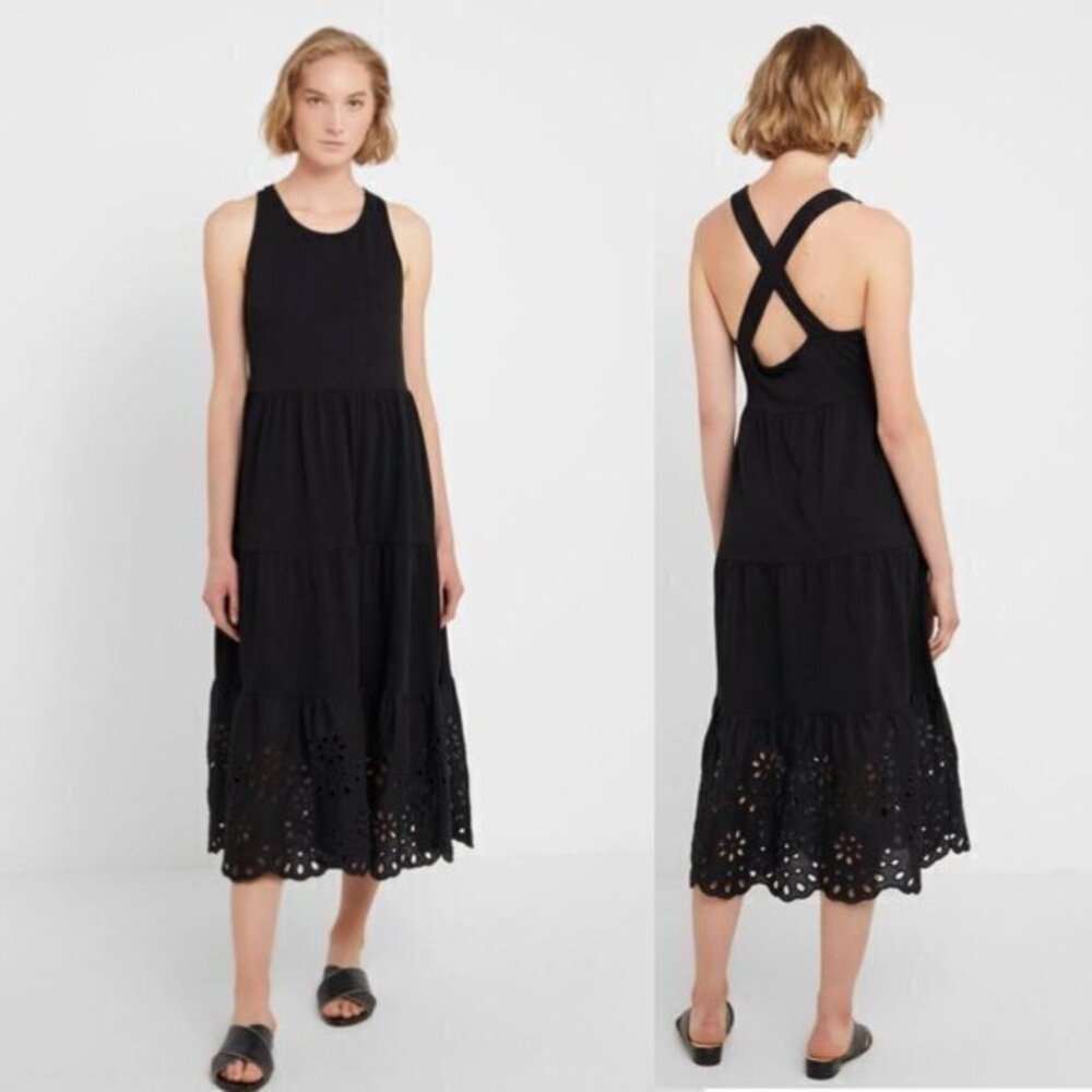 J. Crew XS Black Midi Dress Eyelet Criss Cross Back Halter Tiered Sleeveless